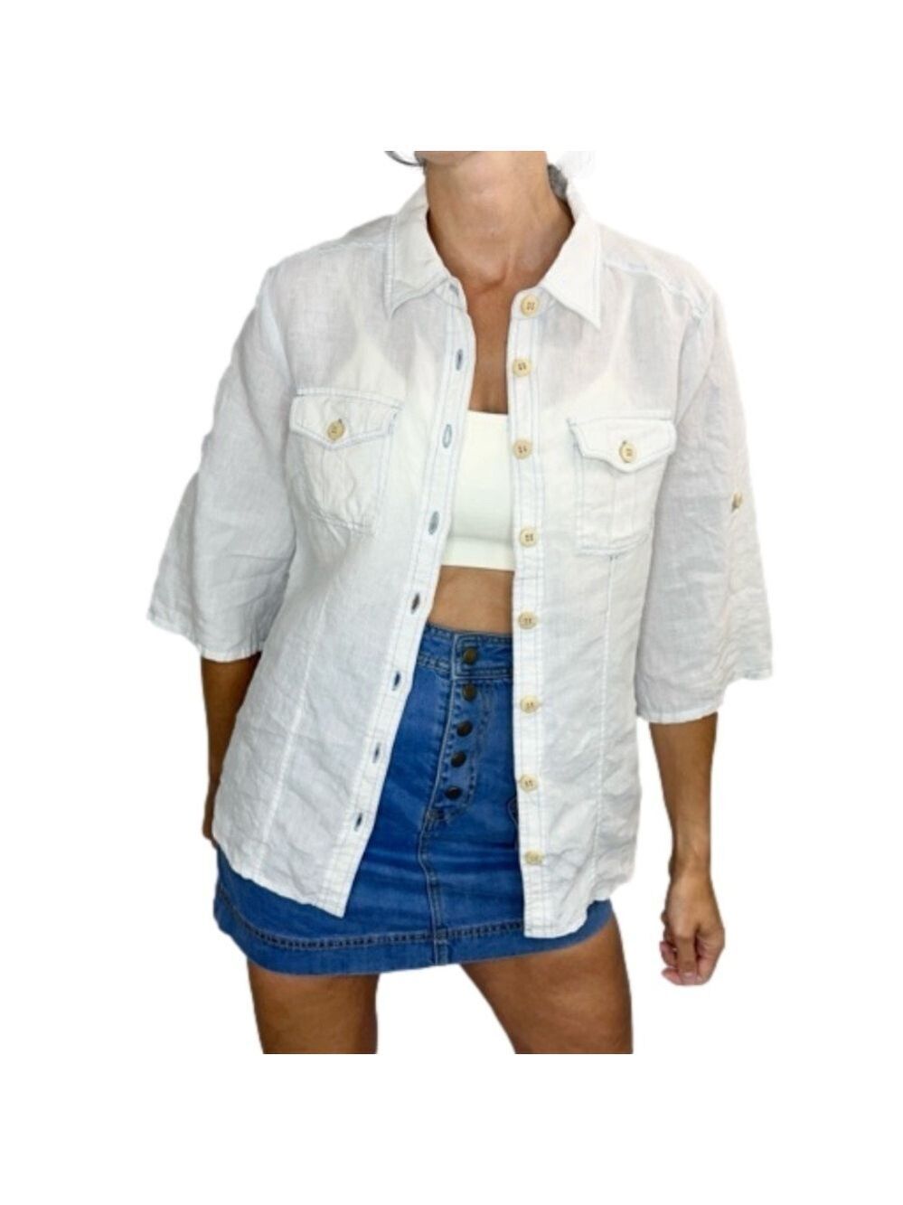 Simons Contemporaine 100% linen white 3/4 length sleeve button up top 6